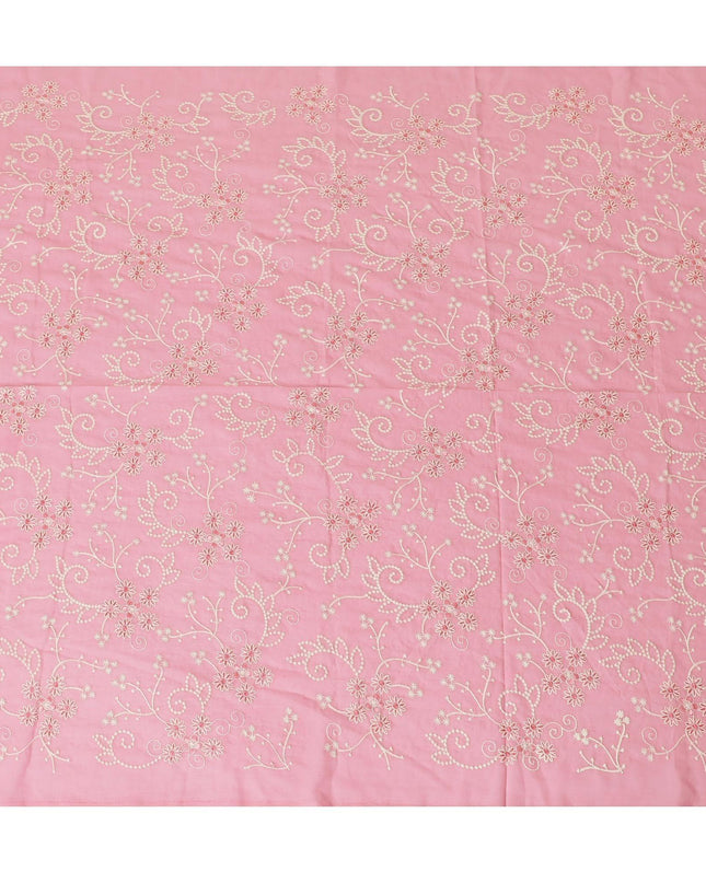 قماش الفوال القطني الخالص الفاخر باللون الوردي السلمون بنفس اللون والتطريز البيج بتصميم الأزهار-D13598