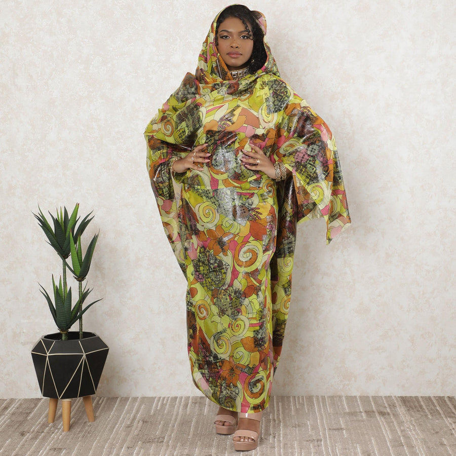 ثوب شيفون حرير خالص أصفر ليموني مع لوركس معدني متعدد الألوان بتصميم تجريدي-D11642