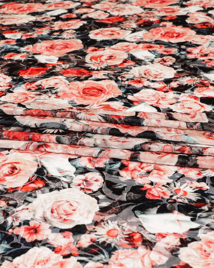 White Premium Italian silk chiffon dirac with black, orange and crimson red print having same tone velvet jacquard in floral design-D8688 Regal Fabrics