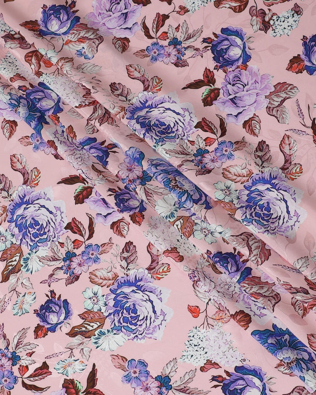 Light salmon pink premium pure Italian silk satin fabric with multicolor print in floral design-D13738