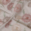 Pearl grey cotton voile fabric with sage green, peach and beige embroidery in floral design-D14471