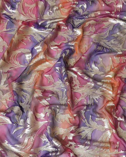شيفون من الحرير الخالص متعدد الألوان مع لوريكس معدني ذهبي بتصميم أوراق الشجر -D11384
