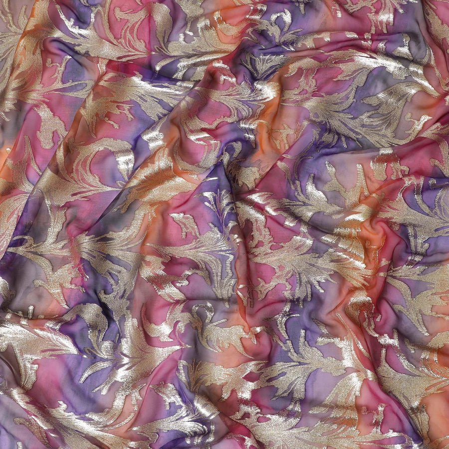 شيفون من الحرير الخالص متعدد الألوان مع لوريكس معدني ذهبي بتصميم أوراق الشجر -D11384