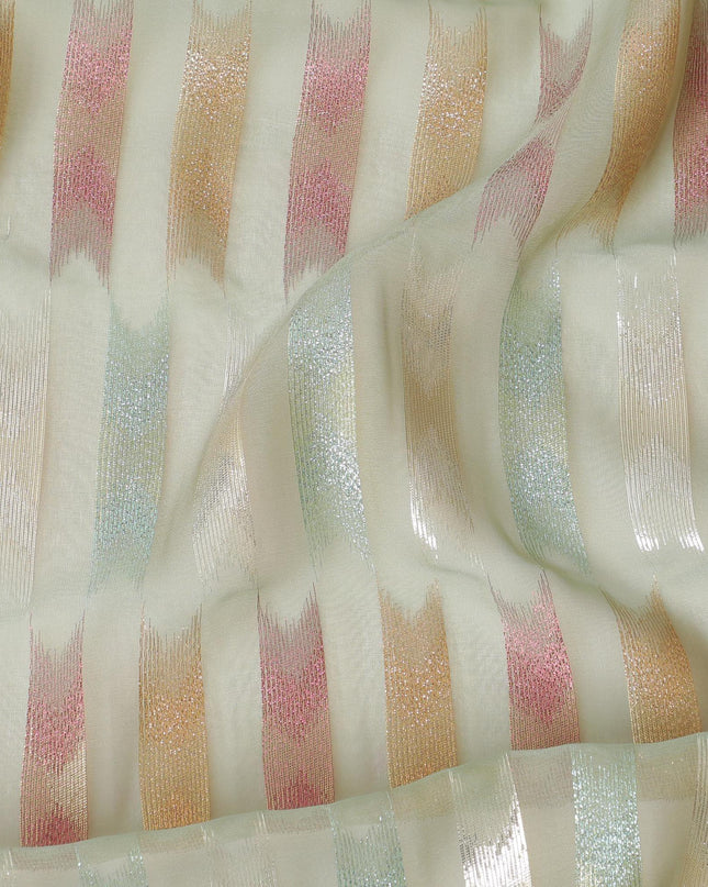 قماش شيفون من الحرير الخالص الفاخر باللون الأخضر الداكن مع لوريكس معدني متعدد الألوان بتصميم تجريدي -D10039