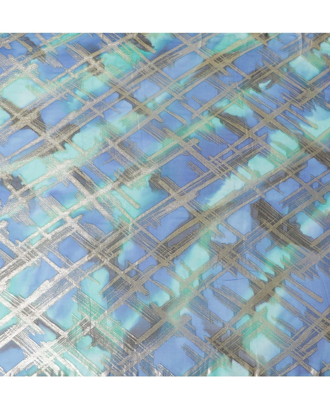 Blue Premium pure French (Fransawi) silk chiffon fabric with gold metallic lurex in abstract design-D14010