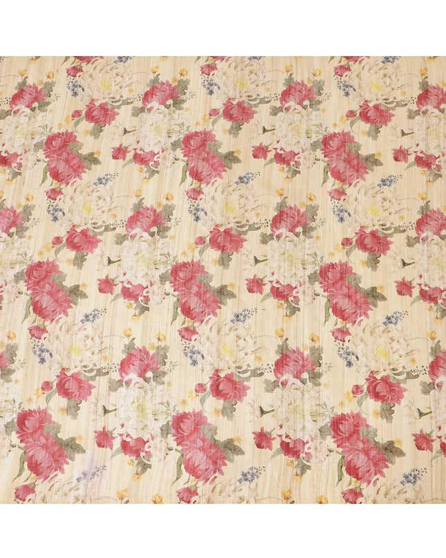 Light gold tussar silk fabric with cerise pink, olive green, light mustard and brown print in floral design-D6136