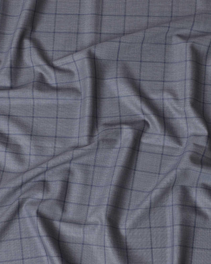 قماش من الصوف الإيطالي الخالص الفاخر باللون الرمادي الحمم مع تصميم مربعات باللون الأزرق للقوات الجوية - D14804