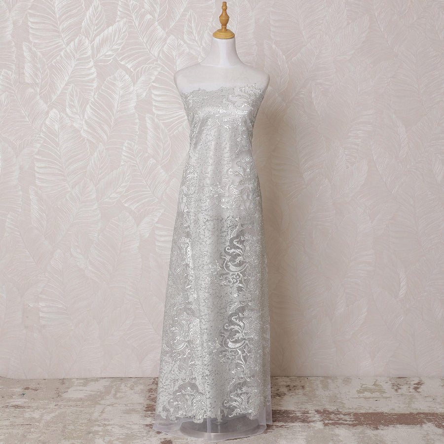 White nylon tulle fabric with same tone, silver embroidery having stone work in fancy design-D14742