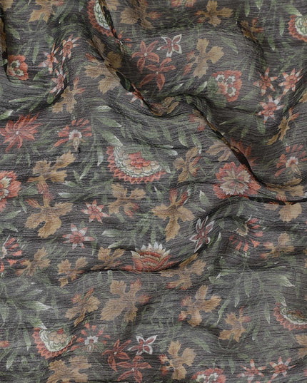Black pure silk chiffon fabric with peach, olive green and beige print in floral design-D8182