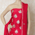 Ruby pink silk kameez with gold gota work embroidery and stone work in floral design. Ruby pink plain salwar having same tone chiffon dupatta with gold embroidery and stone work-D12688 Regal Fabrics