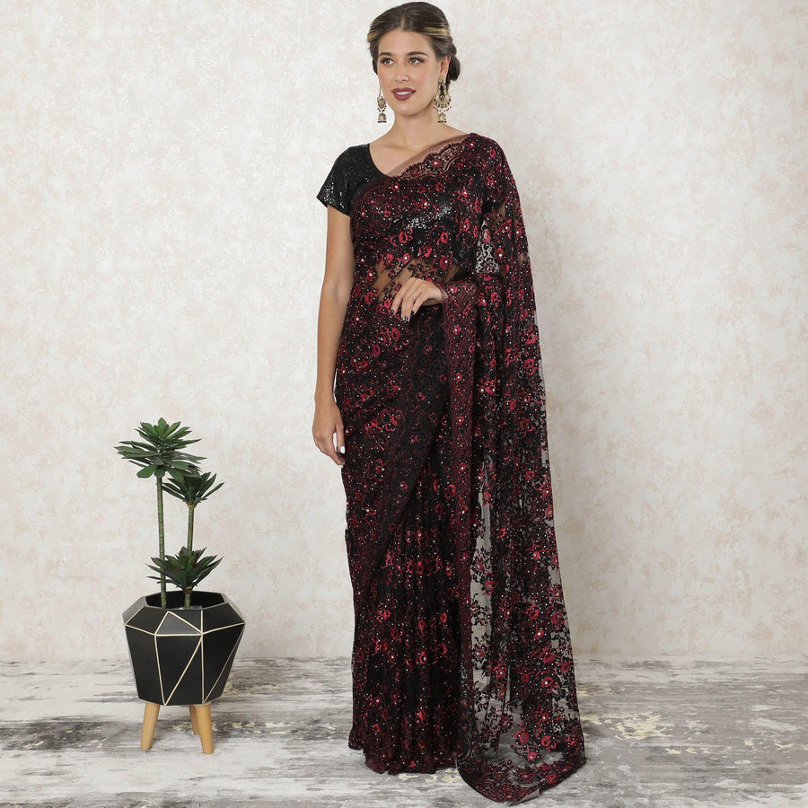 Black, Crimson red Premium two tone French chantilly lace saree having stone work in floral design-D10903