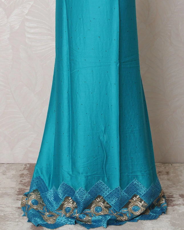 Turquoise blue blended cotton lawn fabric with same tone, gold embroidery having stone work in fancy design-D14722 Regal Fabrics