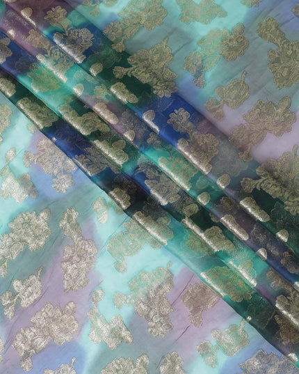 قماش شيفون حريري فرنسي (فرنساوي) فاخر متعدد الألوان مع لوركس معدني ذهبي بتصميم زهور-D14008