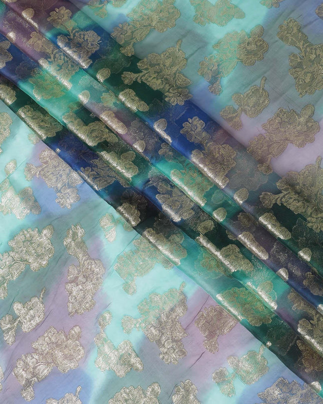 قماش شيفون حريري فرنسي (فرنساوي) فاخر متعدد الألوان مع لوركس معدني ذهبي بتصميم زهور-D14008