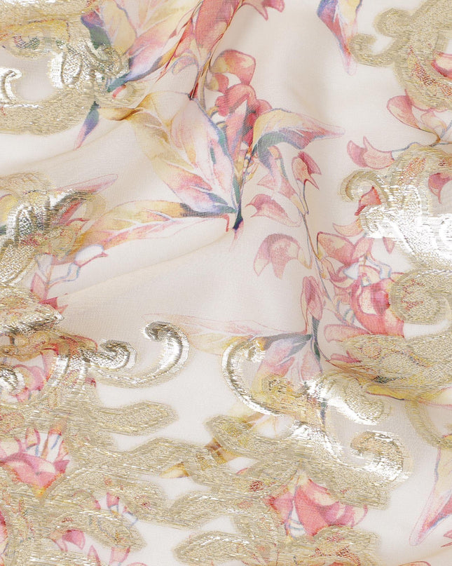 Beige Premium pure silk chiffon fabric with multicolor print and gold metallic lurex in floral design-D14295