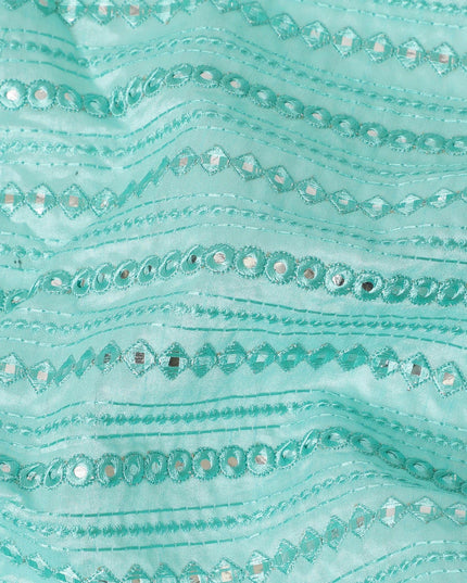 Turquoise blue premium silk brocade fabric with same tone embroidery having mirror work in fancy design-D12460 Regal Fabrics