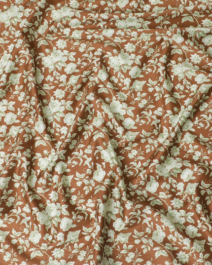 Medium pearwood brown printed cotton satin with green prints in floral design-D11266