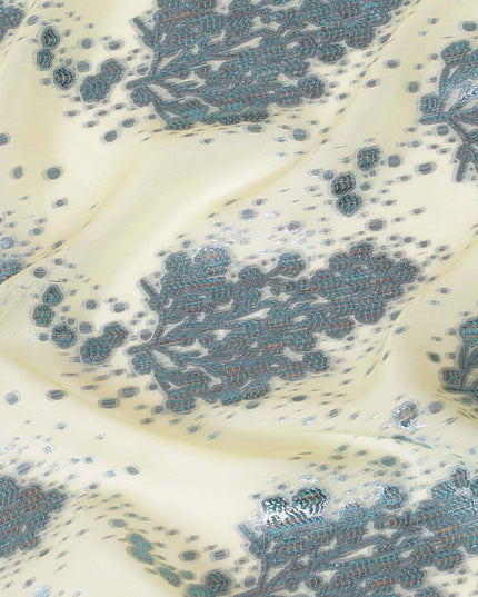 Banana yellow silk chiffon fabric with baby blue and copper metallic lurex in floral design-D8040