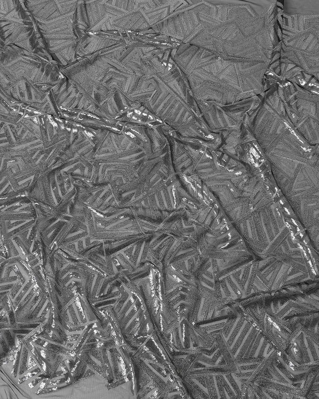 Black nylon tulle fabric with silver sequins and metallic silver embroidery in geometric design