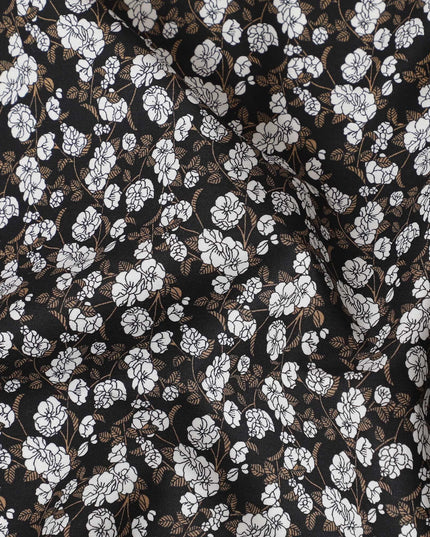 Black cotton fabric with white and meindi green print in floral design-D14842