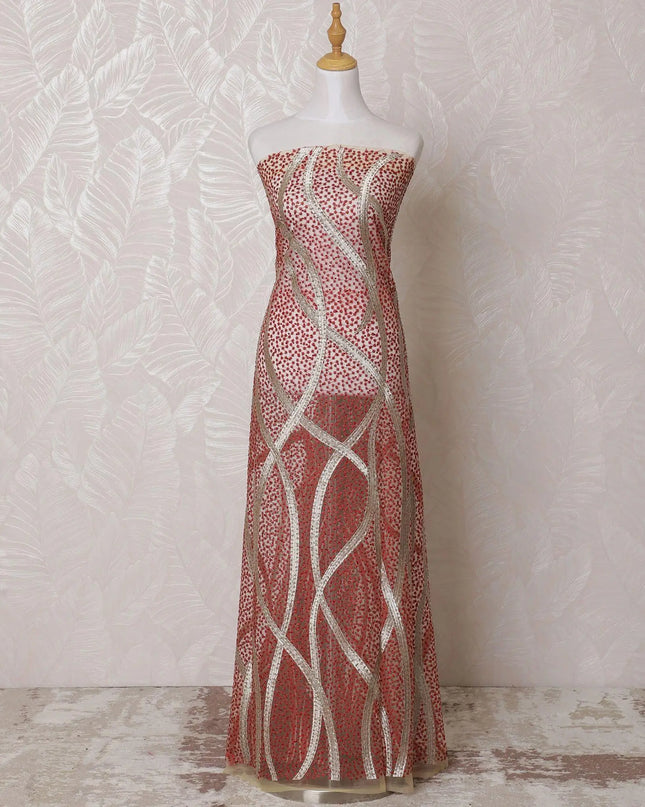 Gold nylon tulle fabric with same tone, crimson red embroidery having stone work in fancy design-D14766 Regal Fabrics