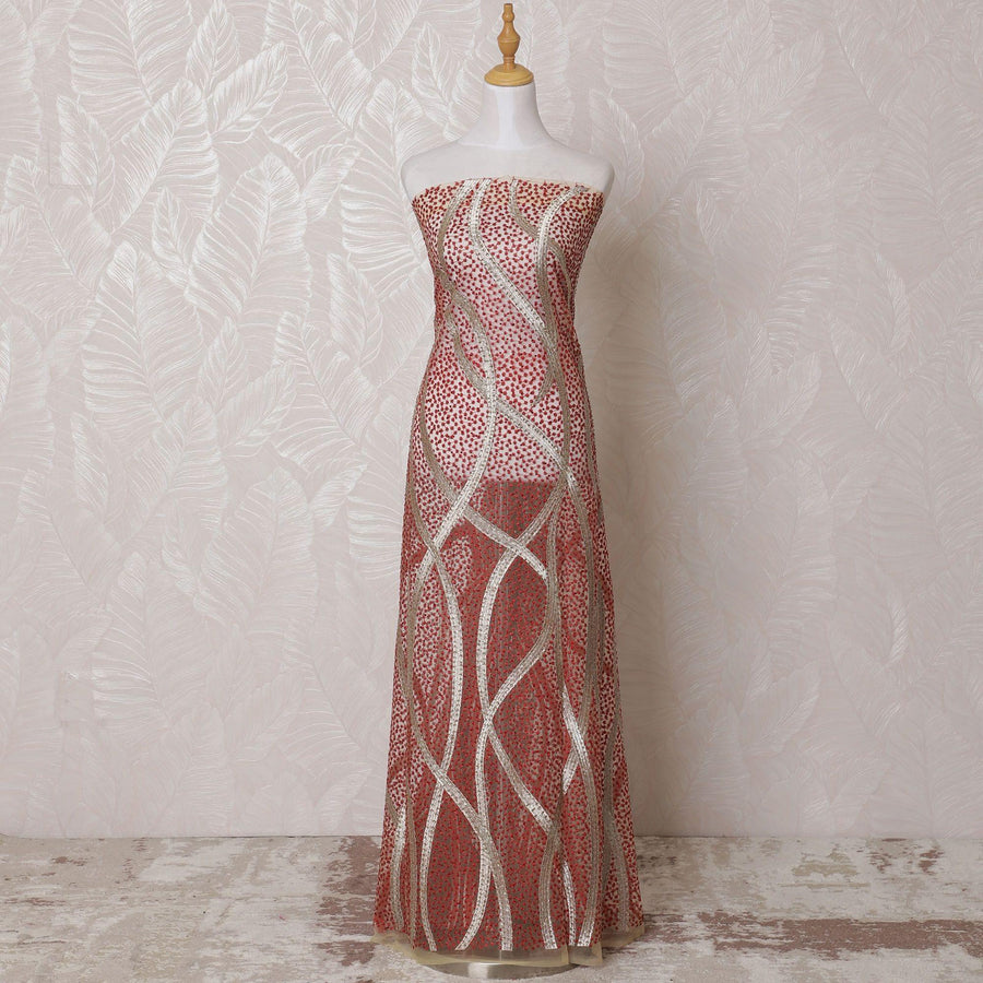 Gold nylon tulle fabric with same tone, crimson red embroidery having stone work in fancy design-D14766