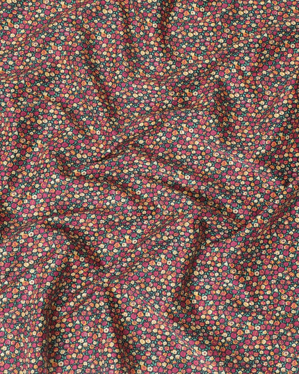 Black 100% Swiss cotton lawn fabric with magenta pink, peach and turquoise green print in floral design-D10103