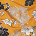 Mustard yellow Italian viscose fabric with black, pale brown and off white print having golden metallic lurex stripe in floral design-D7904 Regal Fabrics
