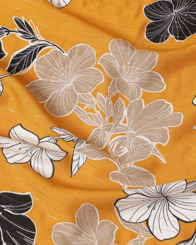 Mustard yellow Italian viscose fabric with black, pale brown and off white print having golden metallic lurex stripe in floral design-D7904 Regal Fabrics