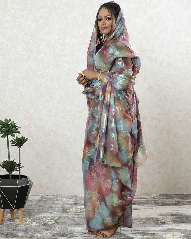 Multicolor Premium pure silk chiffon thobe with neon green metallic lurex in floral design-D9458 Regal Fabrics