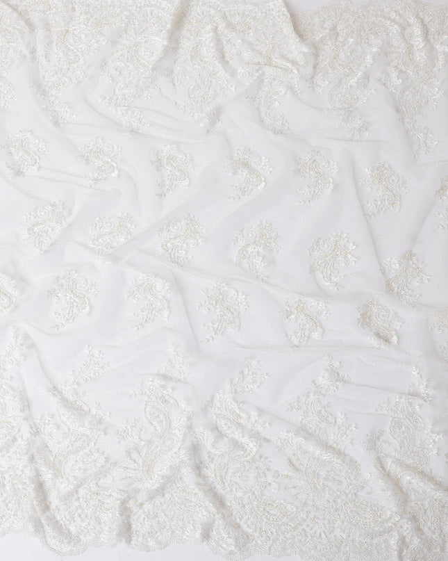 White lace fabric with same tone embroidery, bead work in floral design-D11724 Regal Fabrics