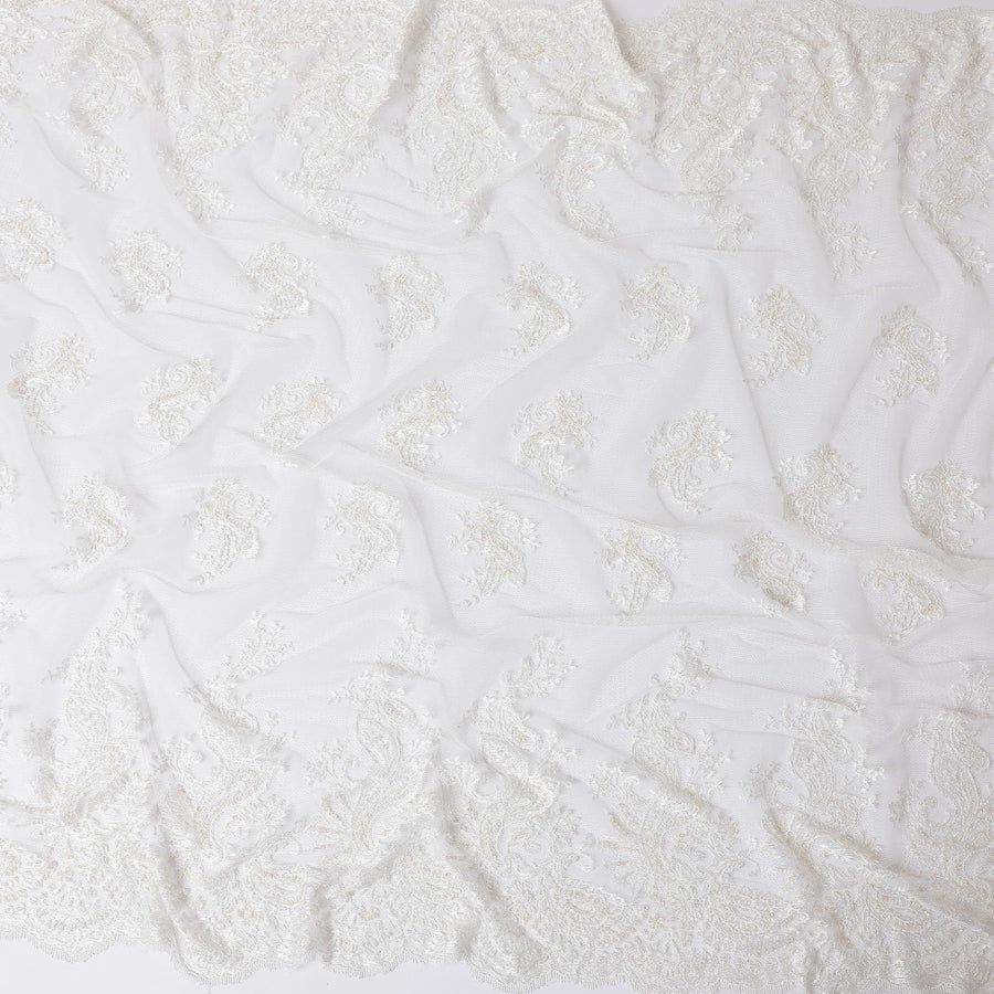 White lace fabric with same tone embroidery, bead work in floral design-D11724