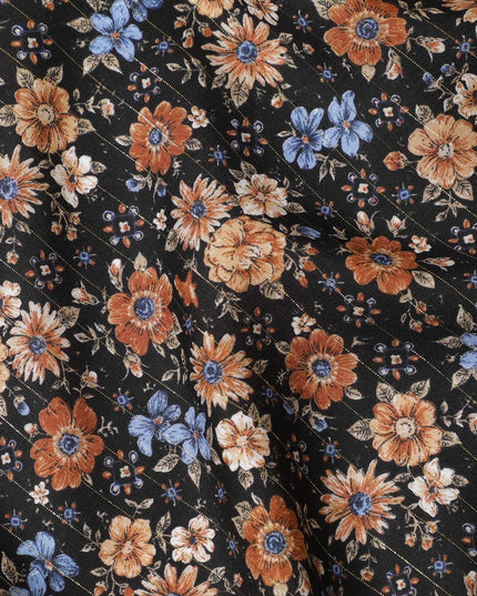 Black viscose crepe printed fabric with multi colour prints in floral design-D11158