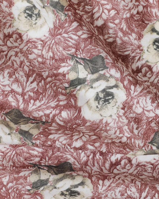 Light coffee brown cotton lawn fabric with forest green, off white and cream print in floral design-D11131
