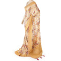 Sepia beige blended synthetic chiffon saree with multicolor embroidery in fancy design having mustard and baby pink embroidery