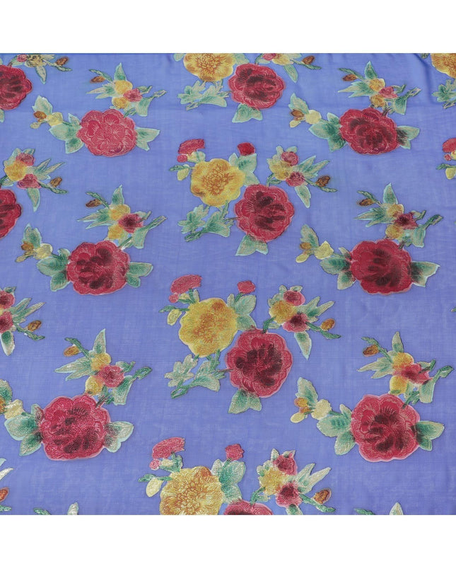 قماش شيفون من الحرير الخالص باللون الأزرق الملكي مع لوركس معدني متعدد الألوان بتصميم زهور -D10777