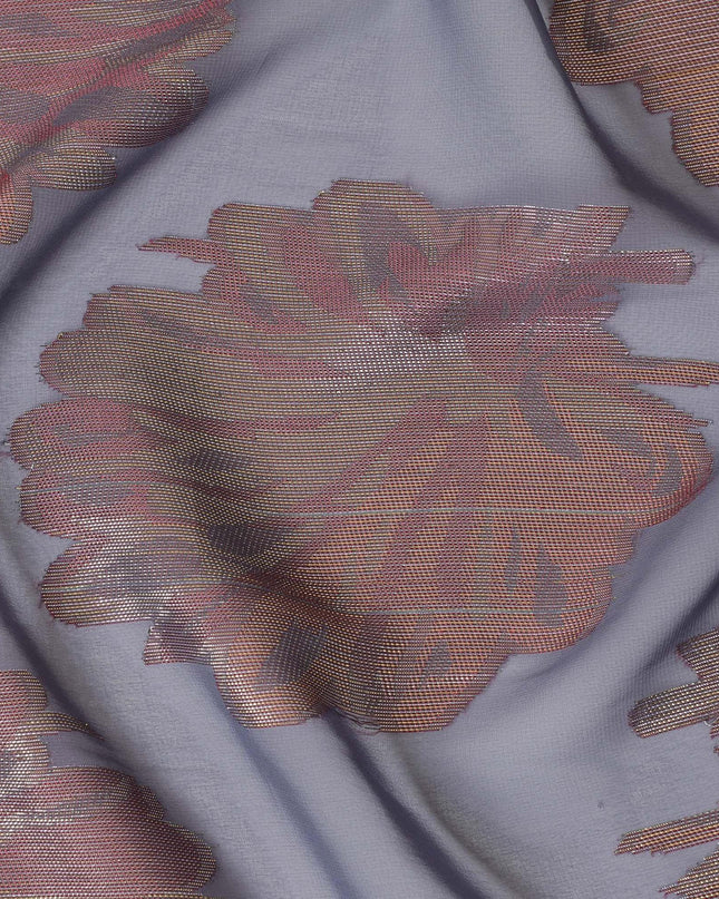 Ash grey synthetic chiffon fabric with crimson red viscose and gold metallic lurex in floral design-D11901