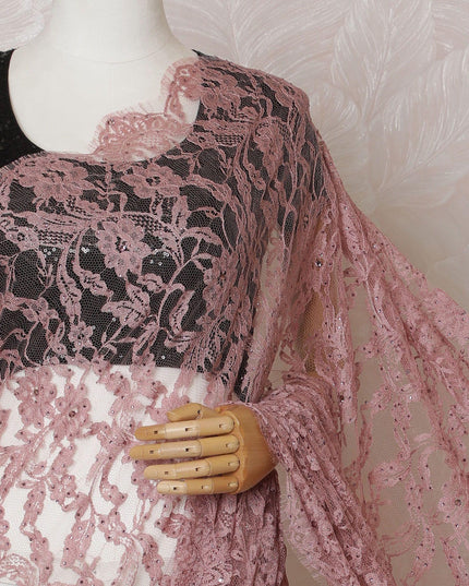 Salmon pink Premium pure French chantilly lace saree having stone work in floral deisgn-D14599 Regal Fabrics