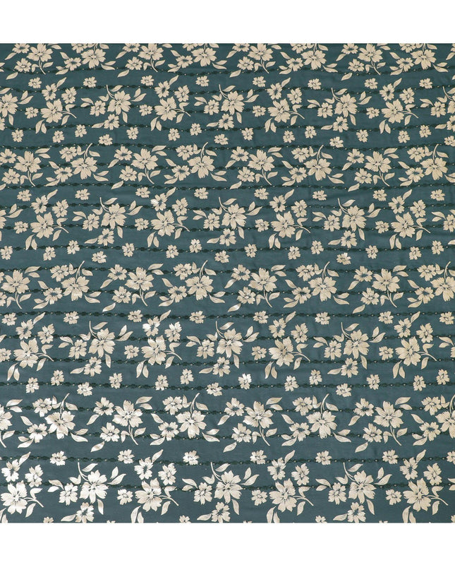 قماش جورجيت صناعي أخضر اللون مع تطريز بنفس اللون، وترتر ذهبي بطباعة رقائق ذهبية بتصميم زهور-D12232