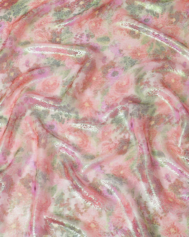 قماش شيفون حريري نقي فاخر متعدد الألوان مع لوريكس معدني أخضر نيون بتصميم زهور-D15461