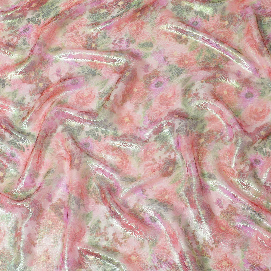 Multicolor Premium pure silk chiffon fabric with neon green metallic lurex in floral design-D15461