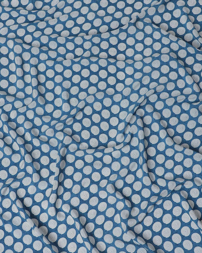 Olympic blue premium pure silk crepe fabric with white print in abstract design-D12077 Regal Fabrics