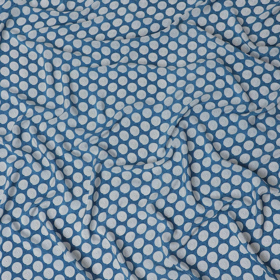 Olympic blue premium pure silk crepe fabric with white print in abstract design-D12077 Regal Fabrics