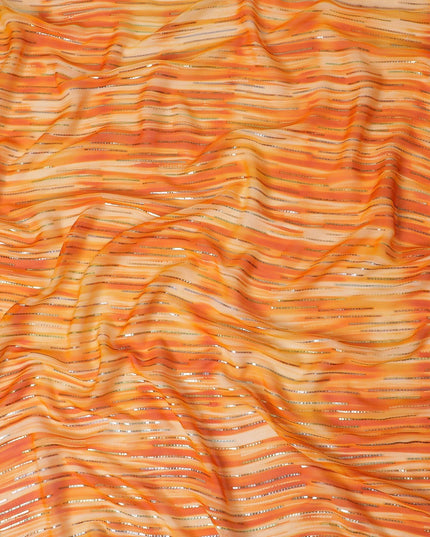 قماش شيفون من الحرير الخالص باللون البرتقالي مع لوريكس معدني ذهبي وفضي بتصميم مخطط -D13978