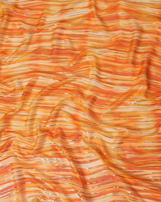 قماش شيفون من الحرير الخالص باللون البرتقالي مع لوريكس معدني ذهبي وفضي بتصميم مخطط -D13978