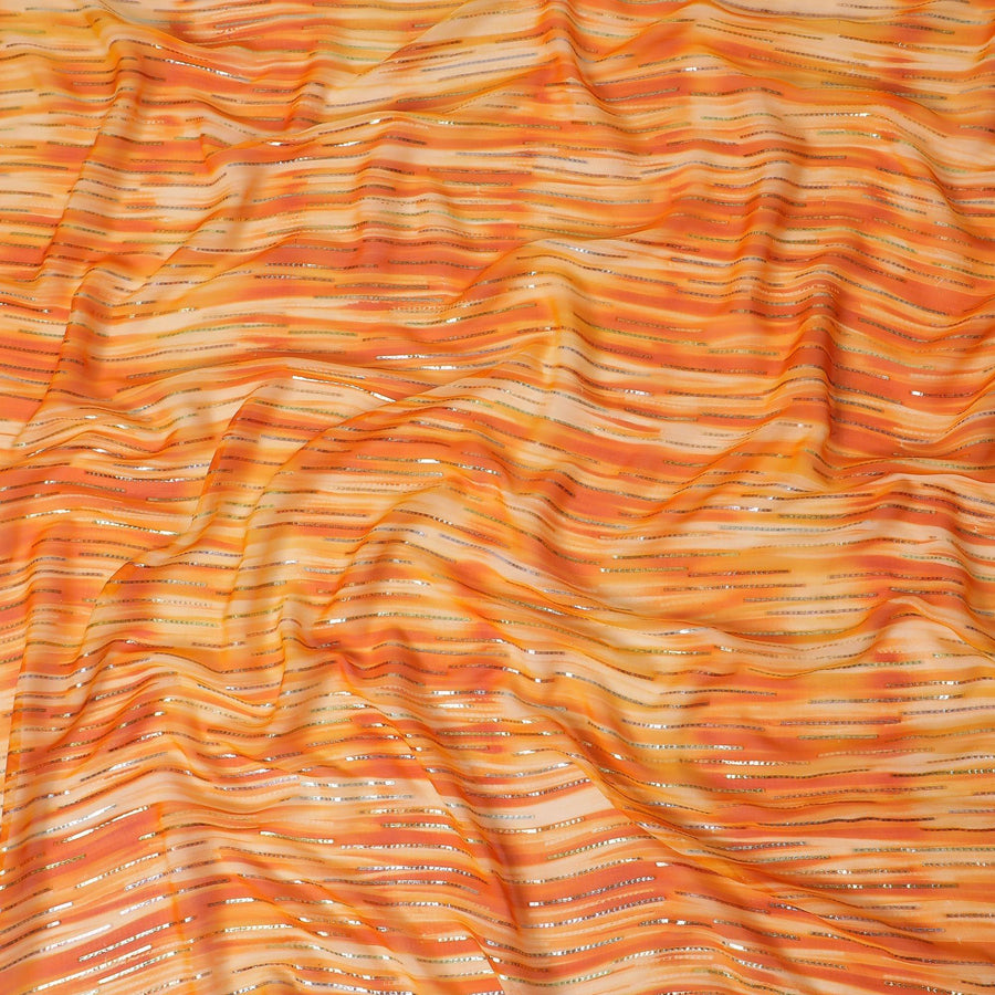 قماش شيفون من الحرير الخالص باللون البرتقالي مع لوريكس معدني ذهبي وفضي بتصميم مخطط -D13978
