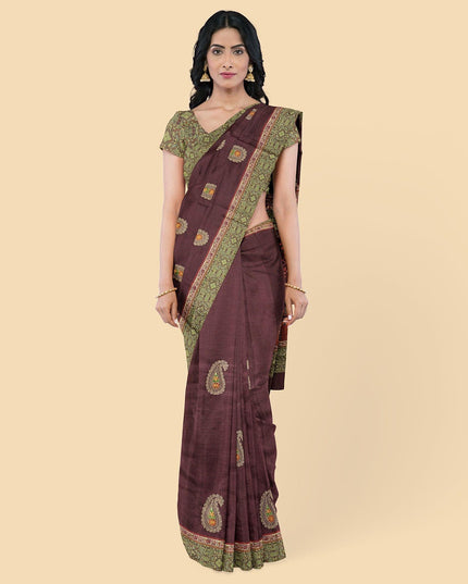 Maroon art silk saree with multicolor embroidery in paisleyl design-D12774