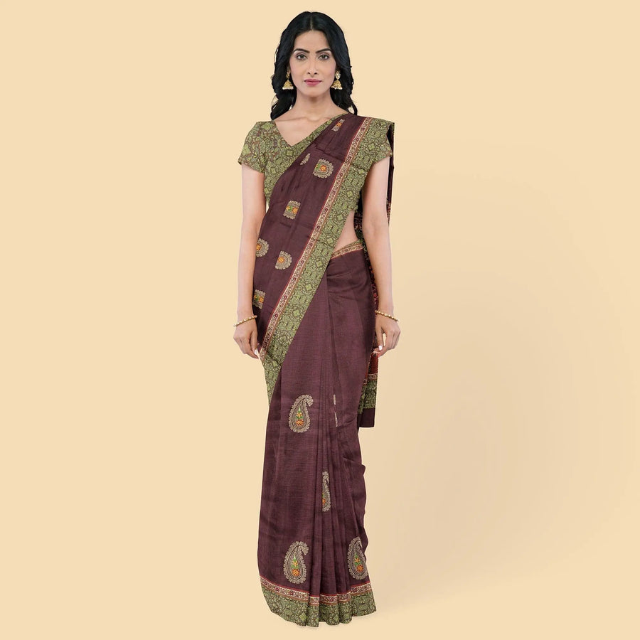 Maroon art silk saree with multicolor embroidery in paisleyl design-D12774 Regal Fabrics
