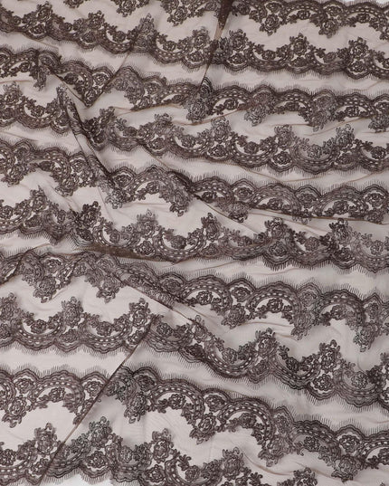 Umber brown nylon nylon tulle fabric with same tone metallic embroidery in floral design