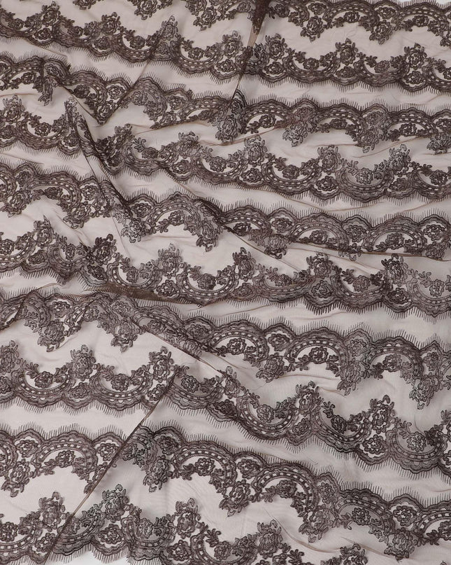 Umber brown nylon nylon tulle fabric with same tone metallic embroidery in floral design Regal Fabrics